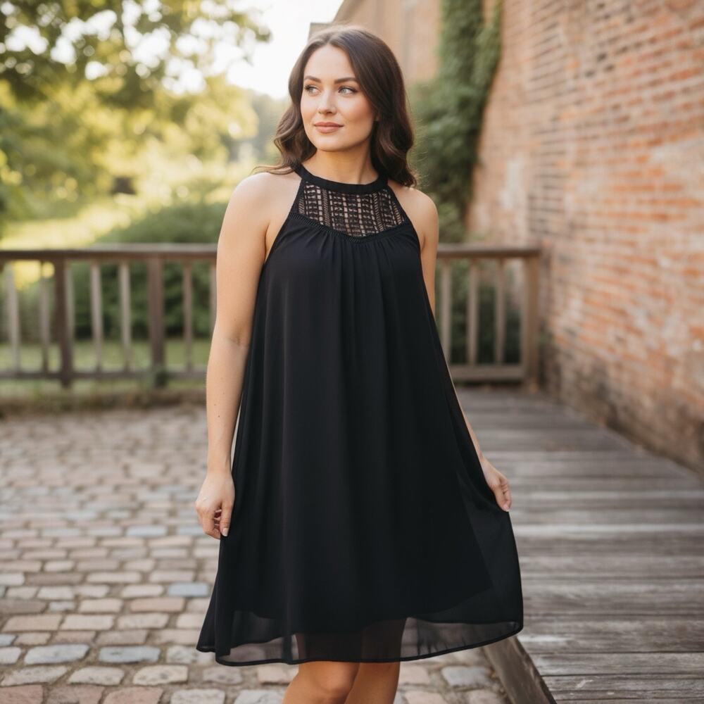 Mi Ami Black Crochet Lace Sleeveless A-Line Dress Medium